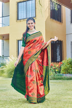 Coral Art Silk Saree with Green Zari Border