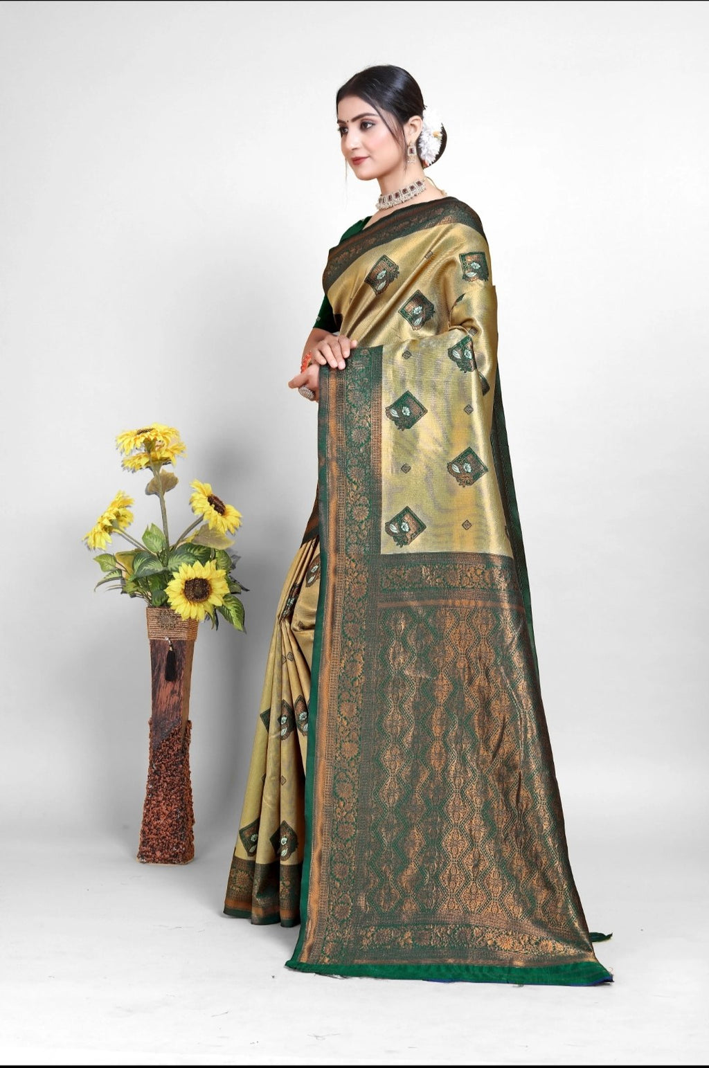 Beige Gold Art Silk Saree with Green Border