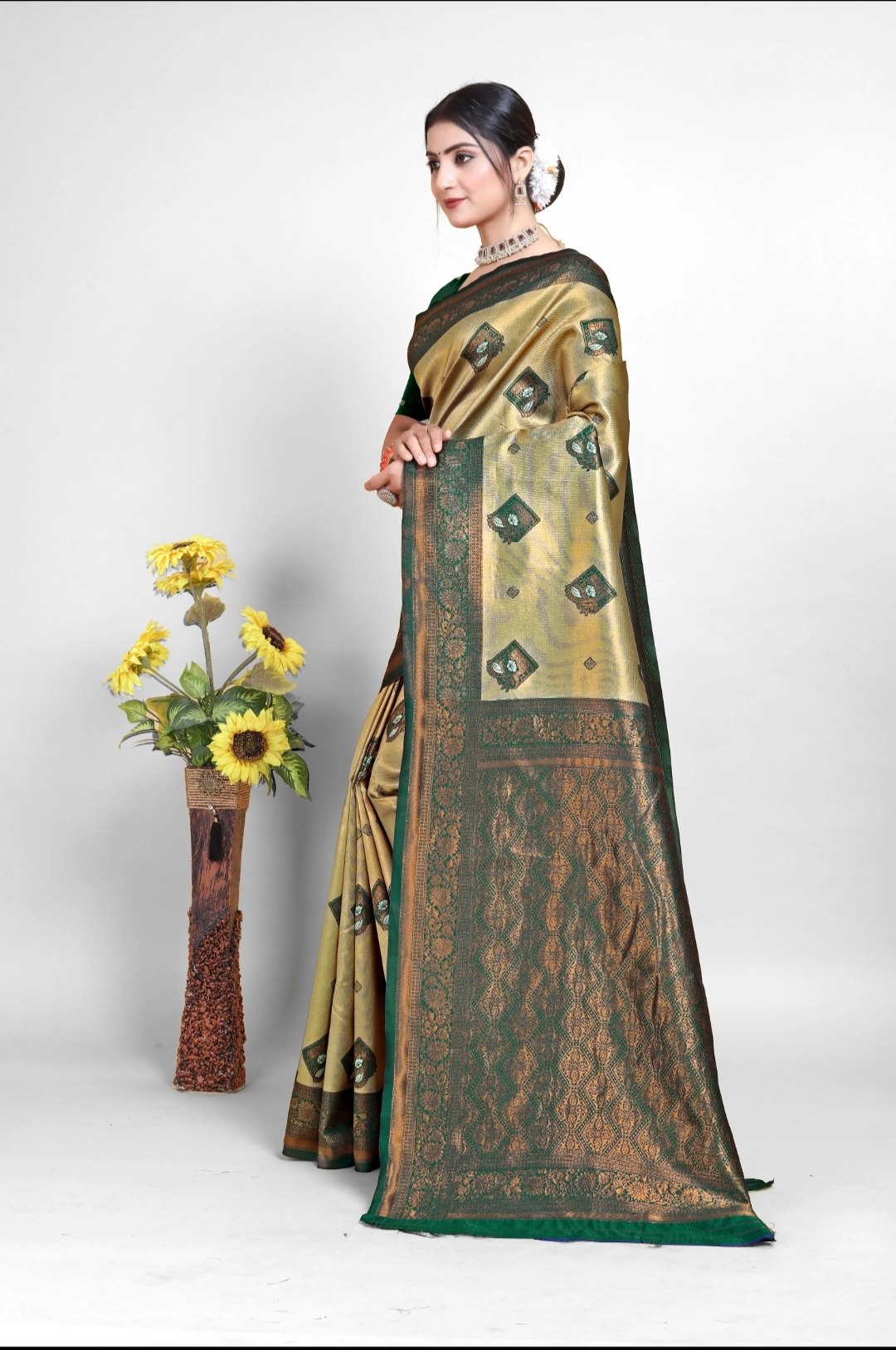 Beige Gold Art Silk Saree with Green Border