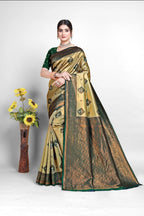 Beige Gold Art Silk Saree with Green Border