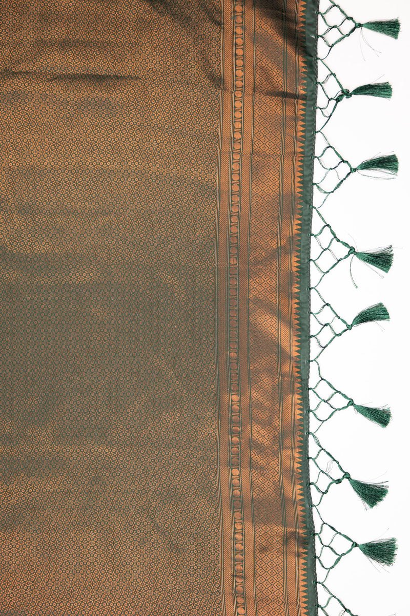 Kanjivaram-style Leaf Jacquard Art Silk Saree – Bottle Green & Gold