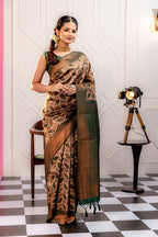 Kanjivaram-style Leaf Jacquard Art Silk Saree – Bottle Green & Peach