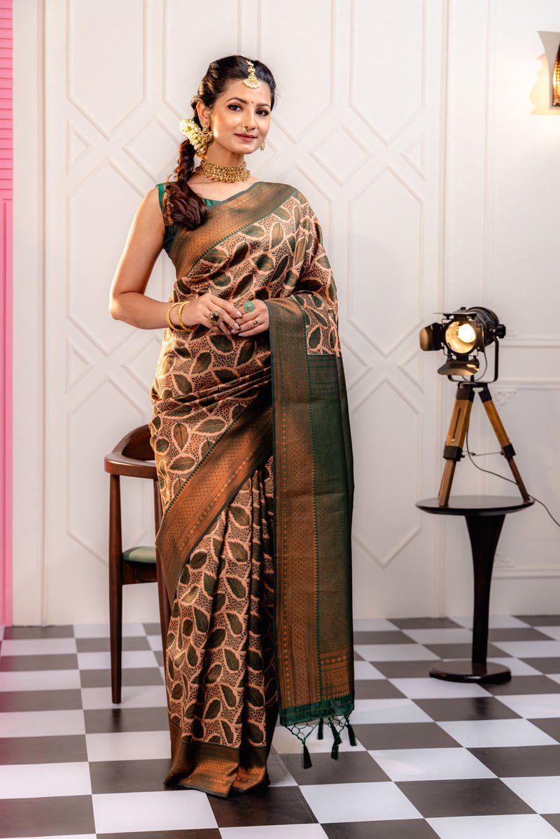 Kanjivaram-style Leaf Jacquard Art Silk Saree – Bottle Green & Peach