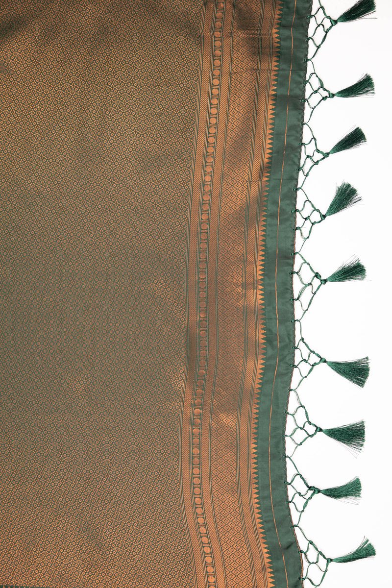 Kanjivaram-style Leaf Jacquard Art Silk Saree – Bottle Green & Peach