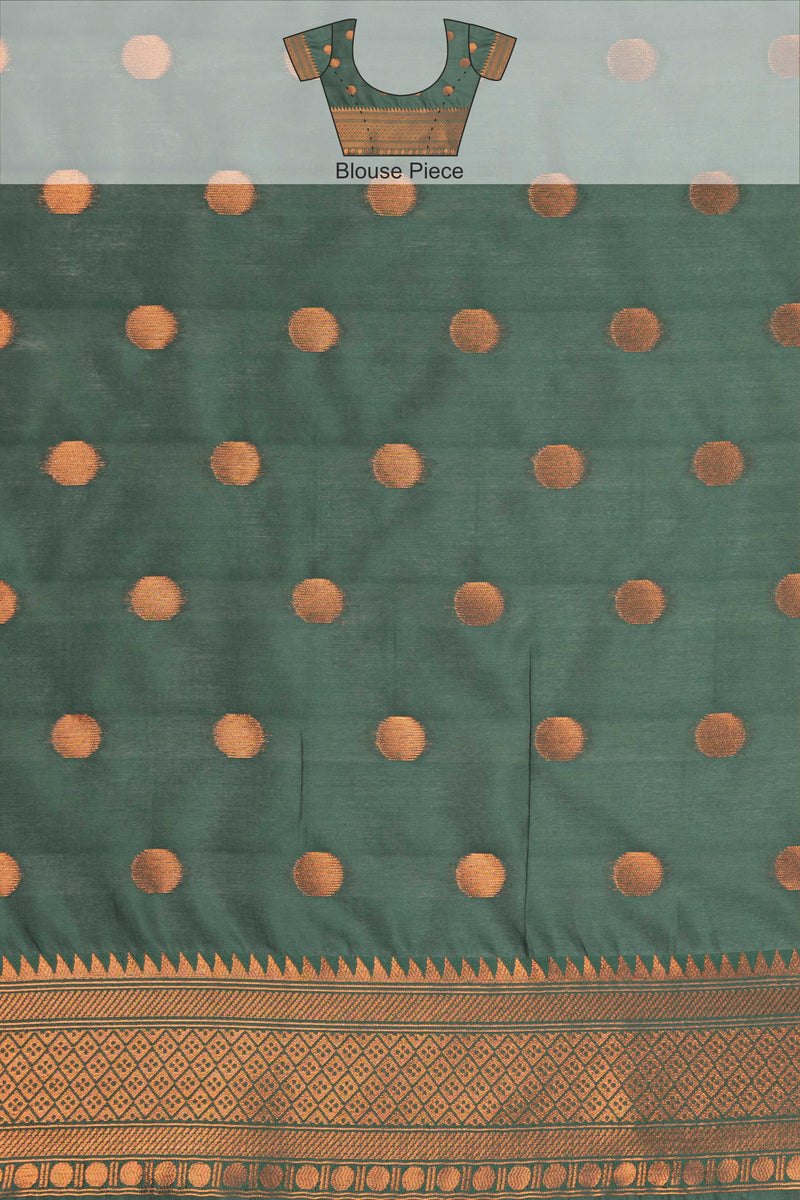 Kanjivaram-style Leaf Jacquard Art Silk Saree – Bottle Green & Peach