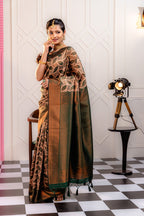 Kanjivaram-style Leaf Jacquard Art Silk Saree – Bottle Green & Peach