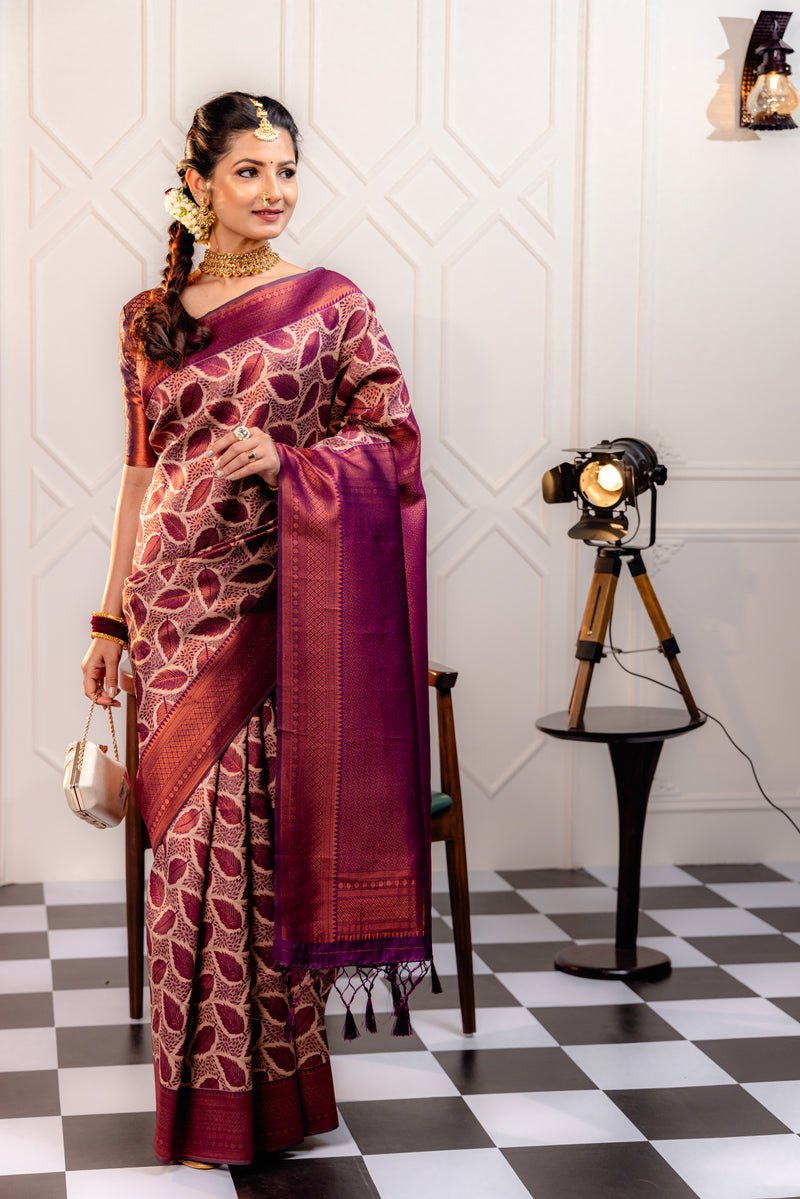 Kanjivaram-style Leaf Jacquard Art Silk Saree – Maroon & Chiku