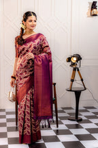 Kanjivaram-style Leaf Jacquard Art Silk Saree – Maroon & Chiku
