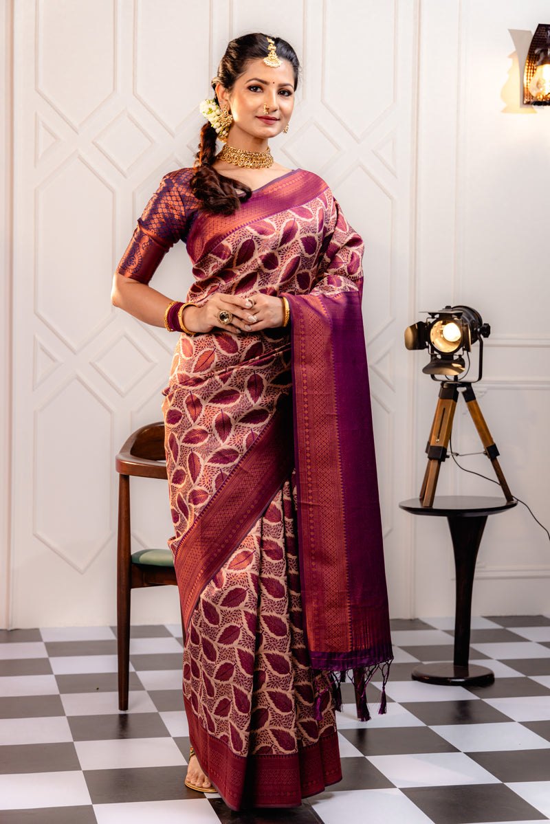 Kanjivaram-style Leaf Jacquard Art Silk Saree – Maroon & Chiku