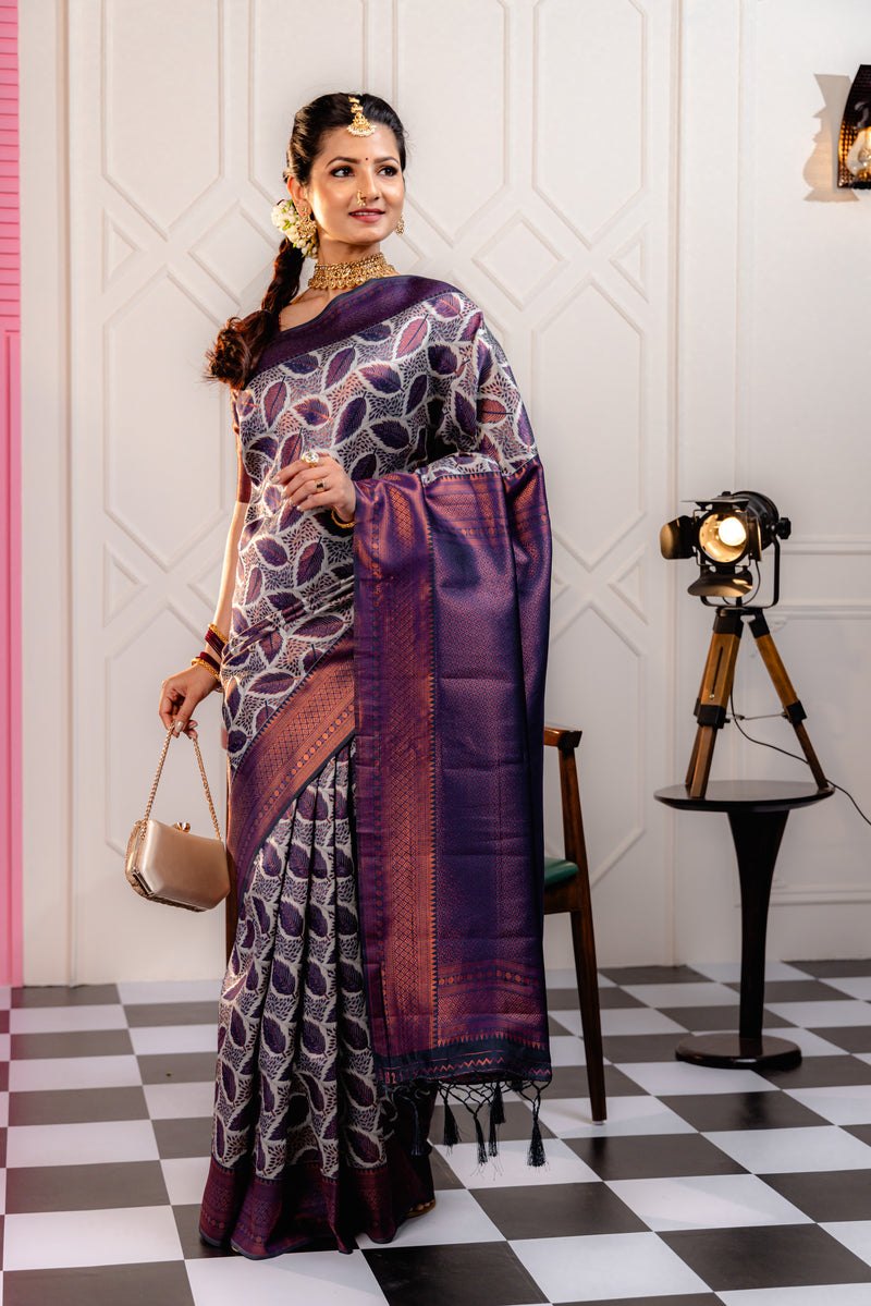 Kanjivaram-style Leaf Jacquard Art Silk Saree – Wine & Grey