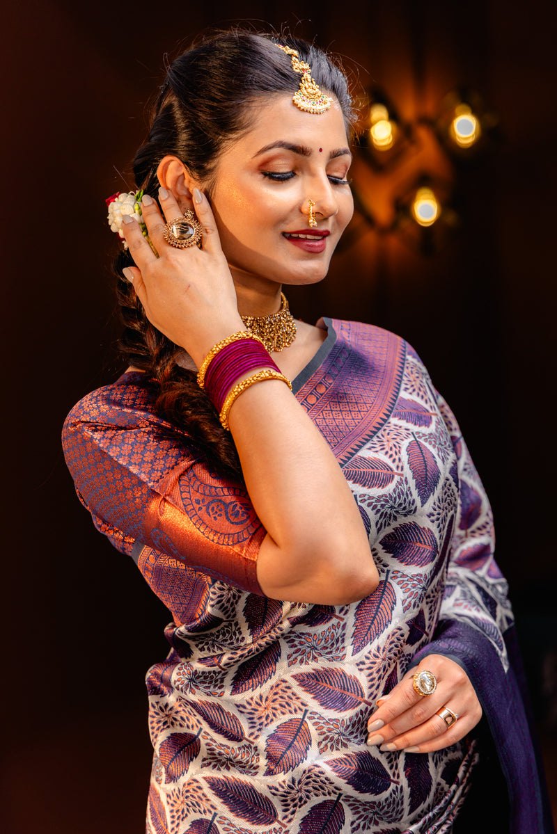 Kanjivaram-style Leaf Jacquard Art Silk Saree – Wine & Grey