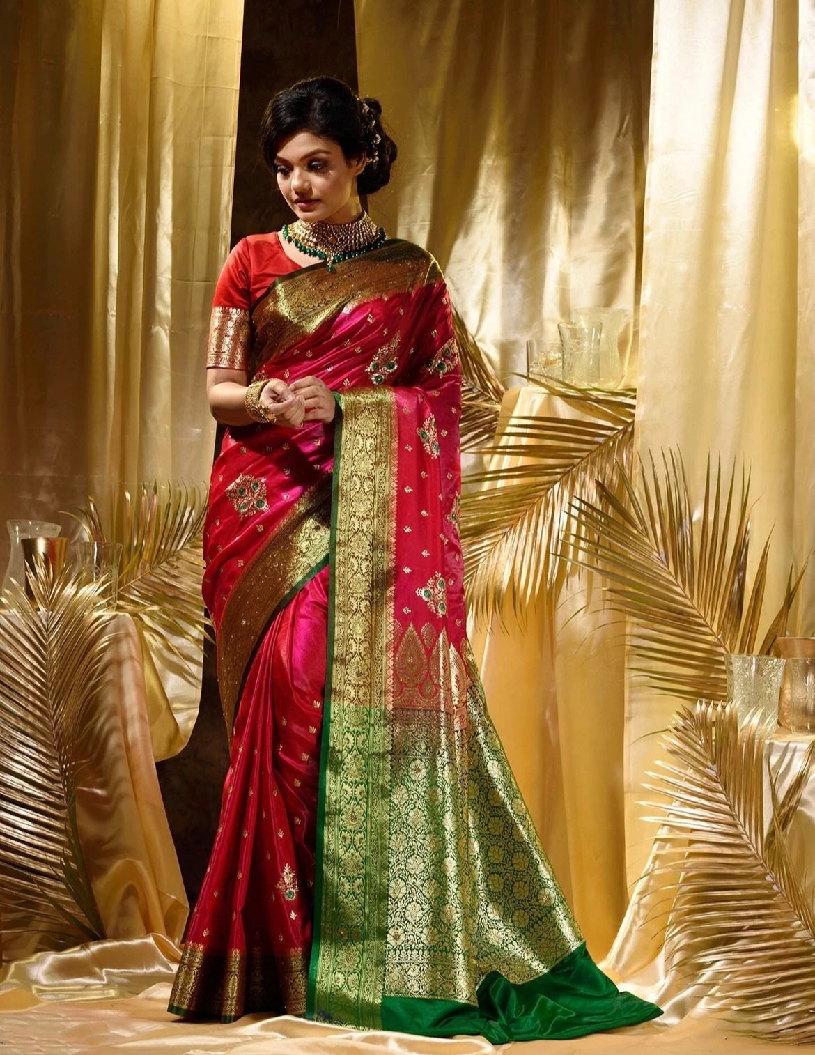 Rani Pink Art Silk Saree with Green Zari Border – Rani Pink