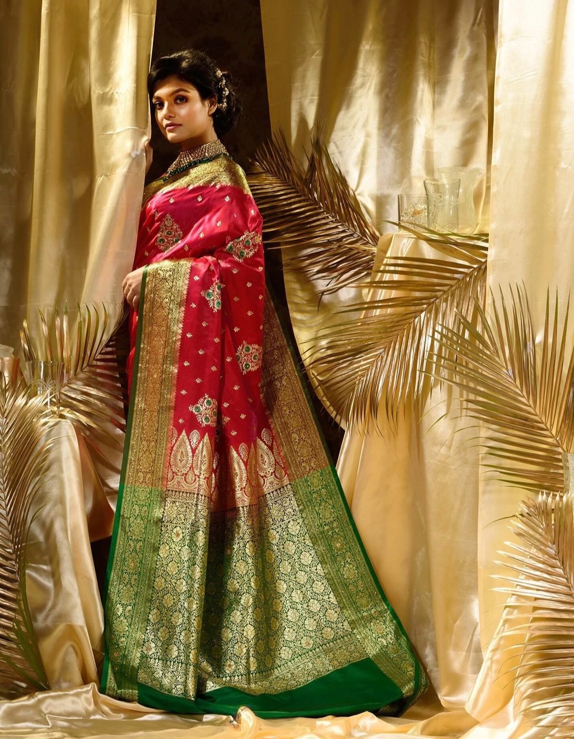 Rani Pink Art Silk Saree with Green Zari Border