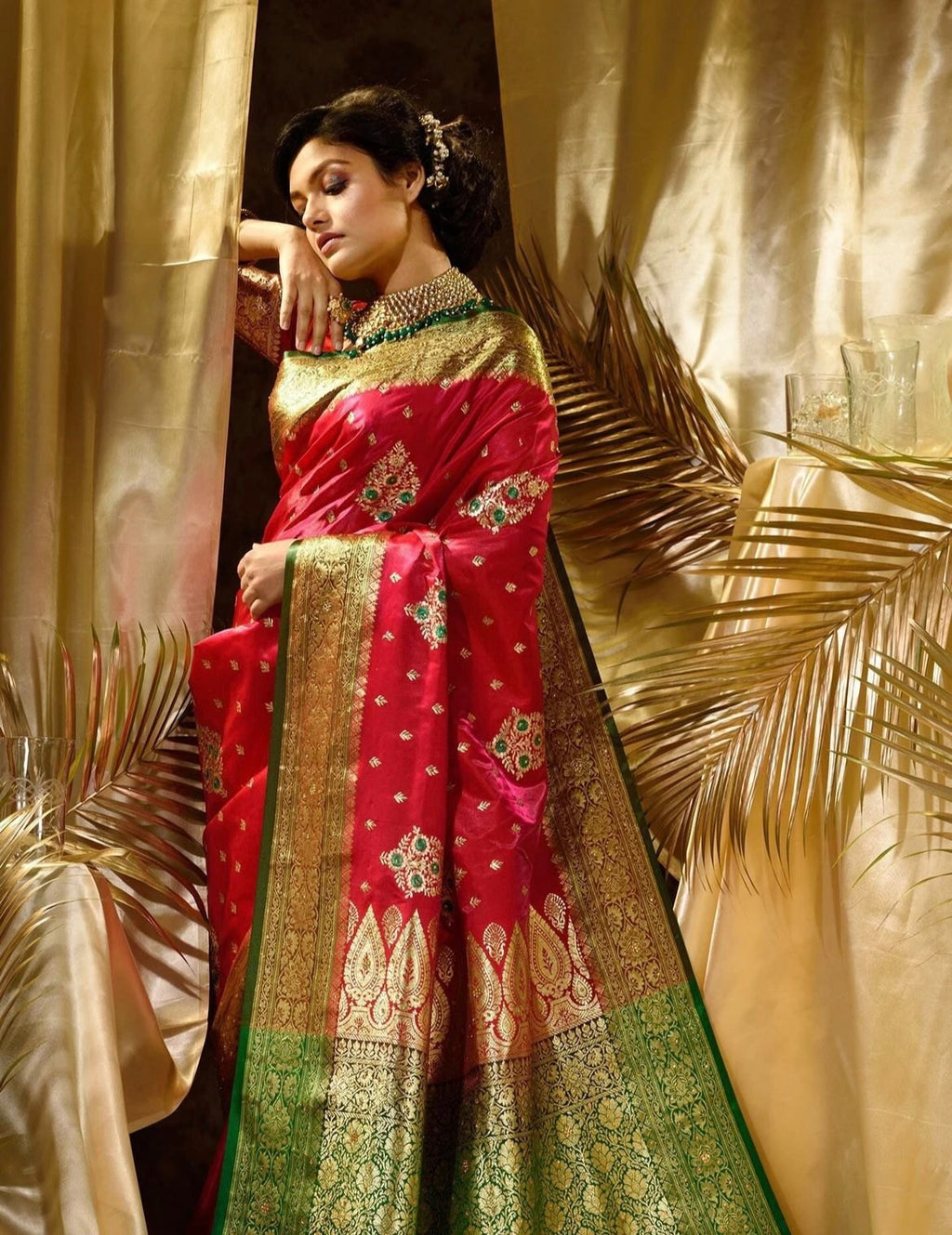 Rani Pink Art Silk Saree with Green Zari Border