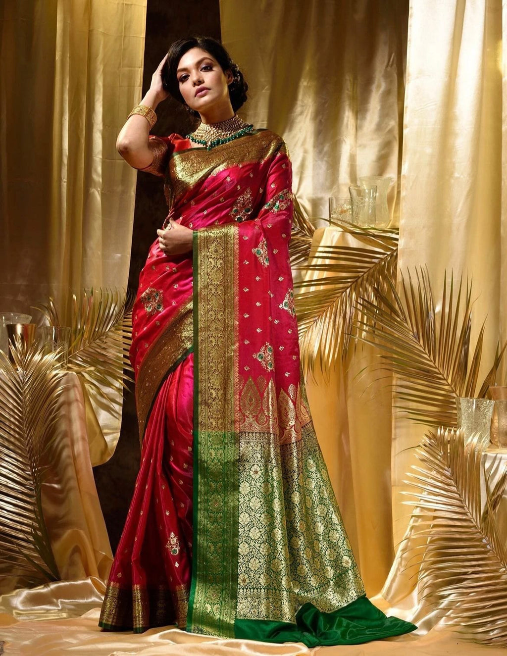Rani Pink Art Silk Saree with Green Zari Border