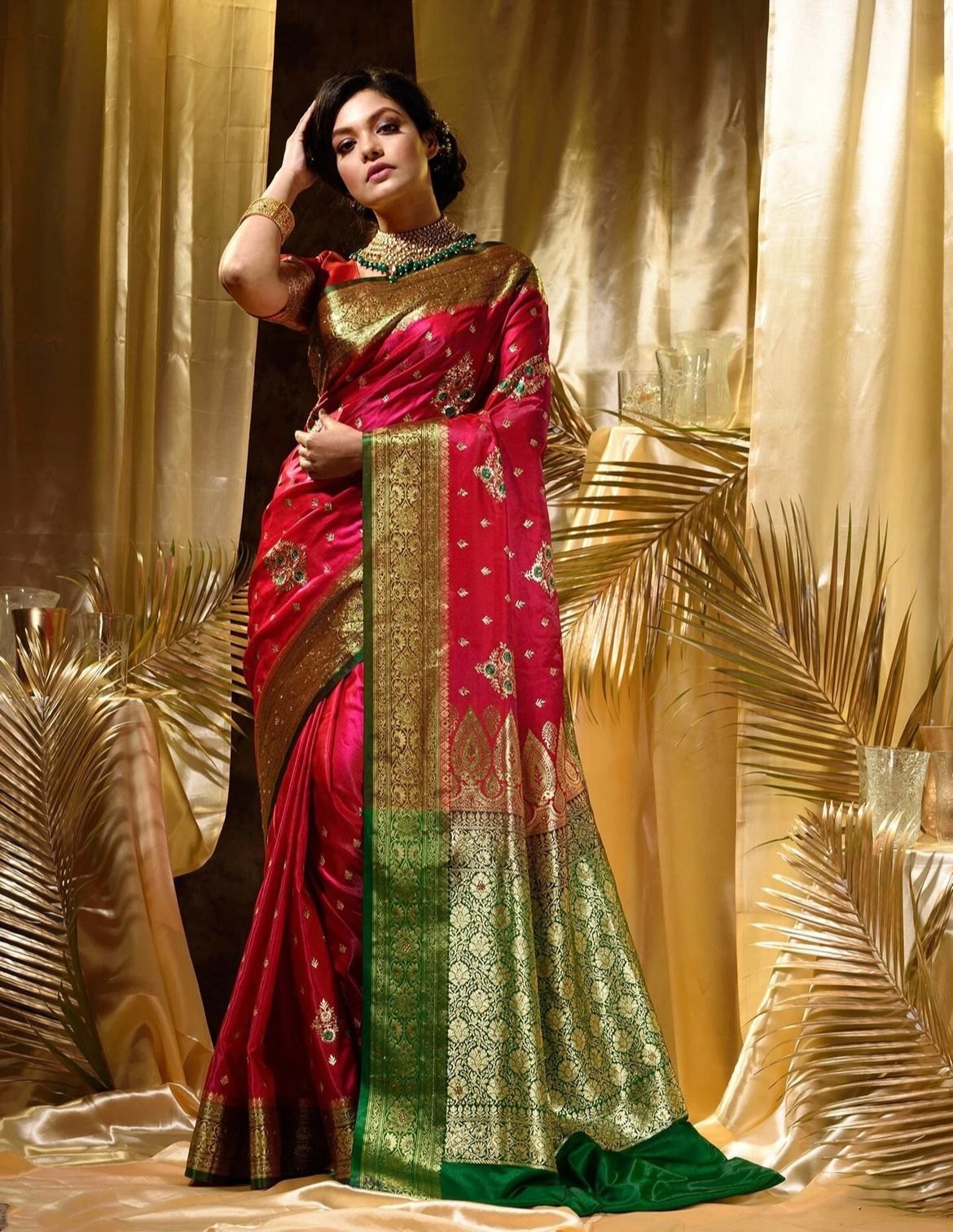 Rani Pink Art Silk Saree with Green Zari Border