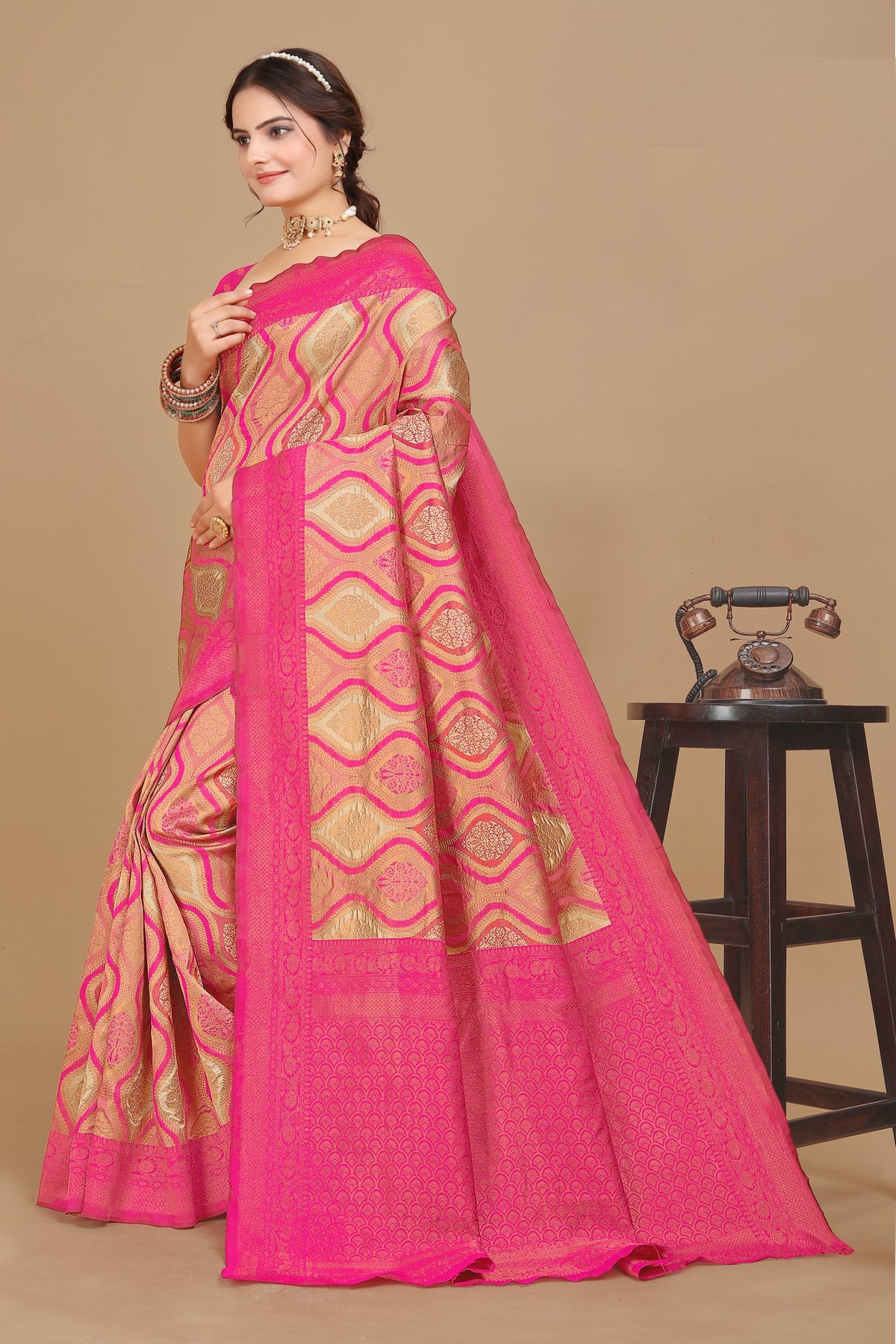 Pink Zari Butti Art Silk Saree