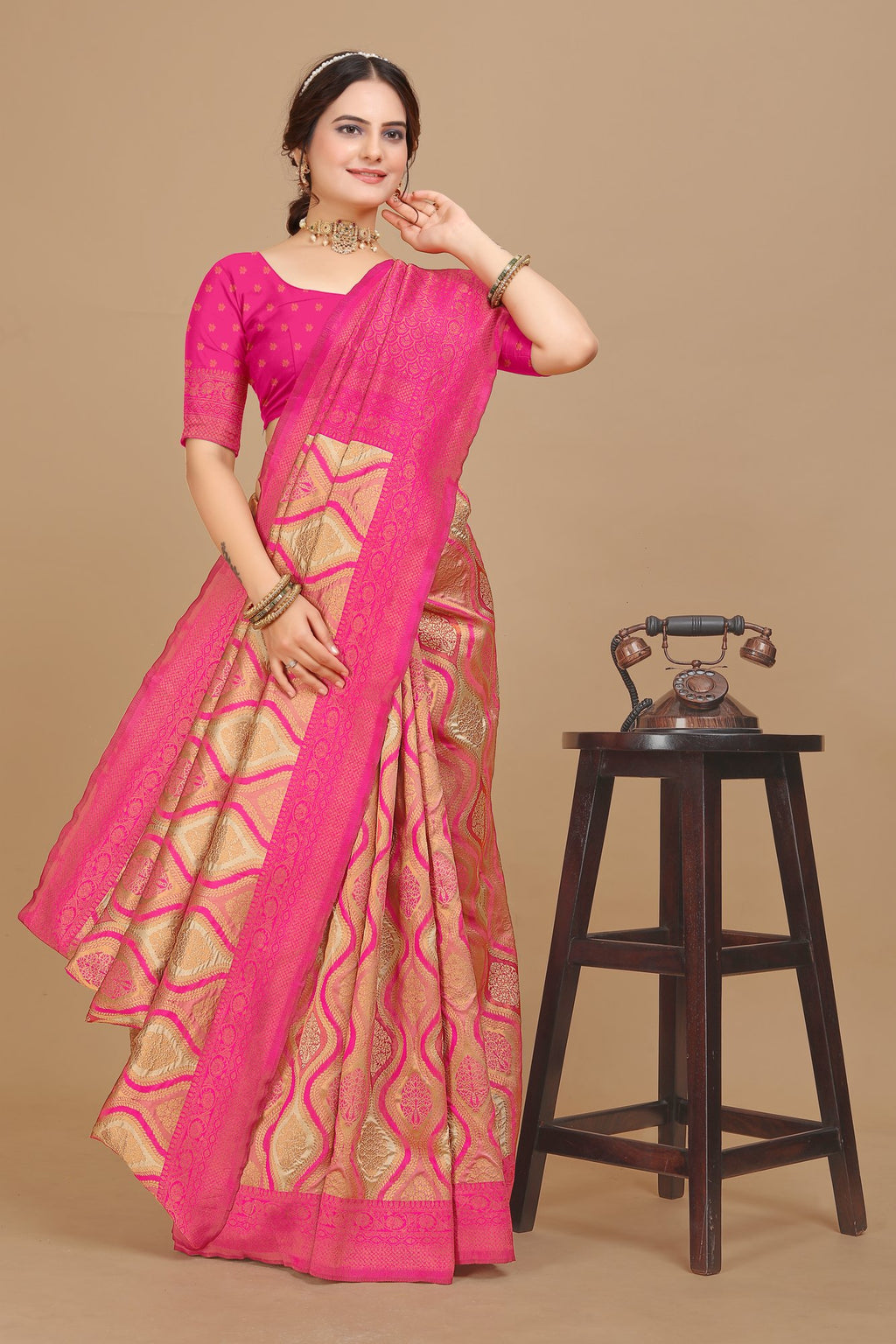 Pink Zari Butti Art Silk Saree