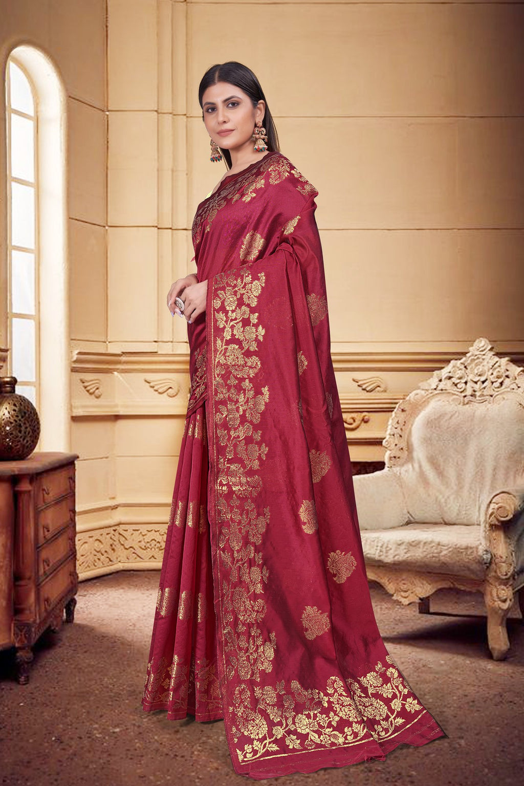 Zari Butti Art Silk Saree – Gajri (Carrot Red)