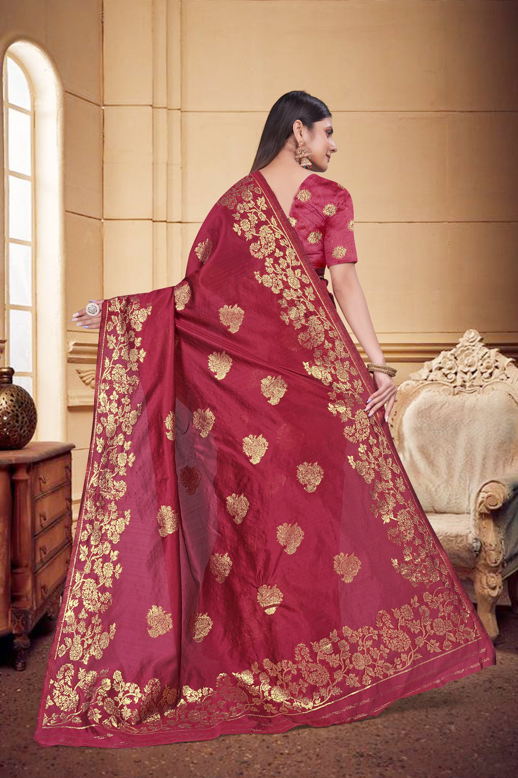 Zari Butti Art Silk Saree – Gajri (Carrot Red)