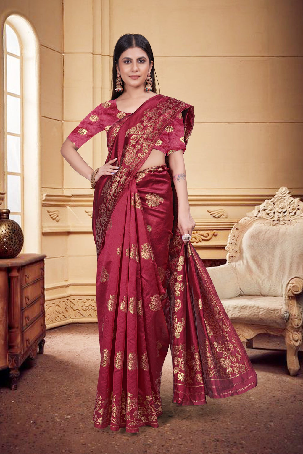 Zari Butti Art Silk Saree – Gajri (Carrot Red)