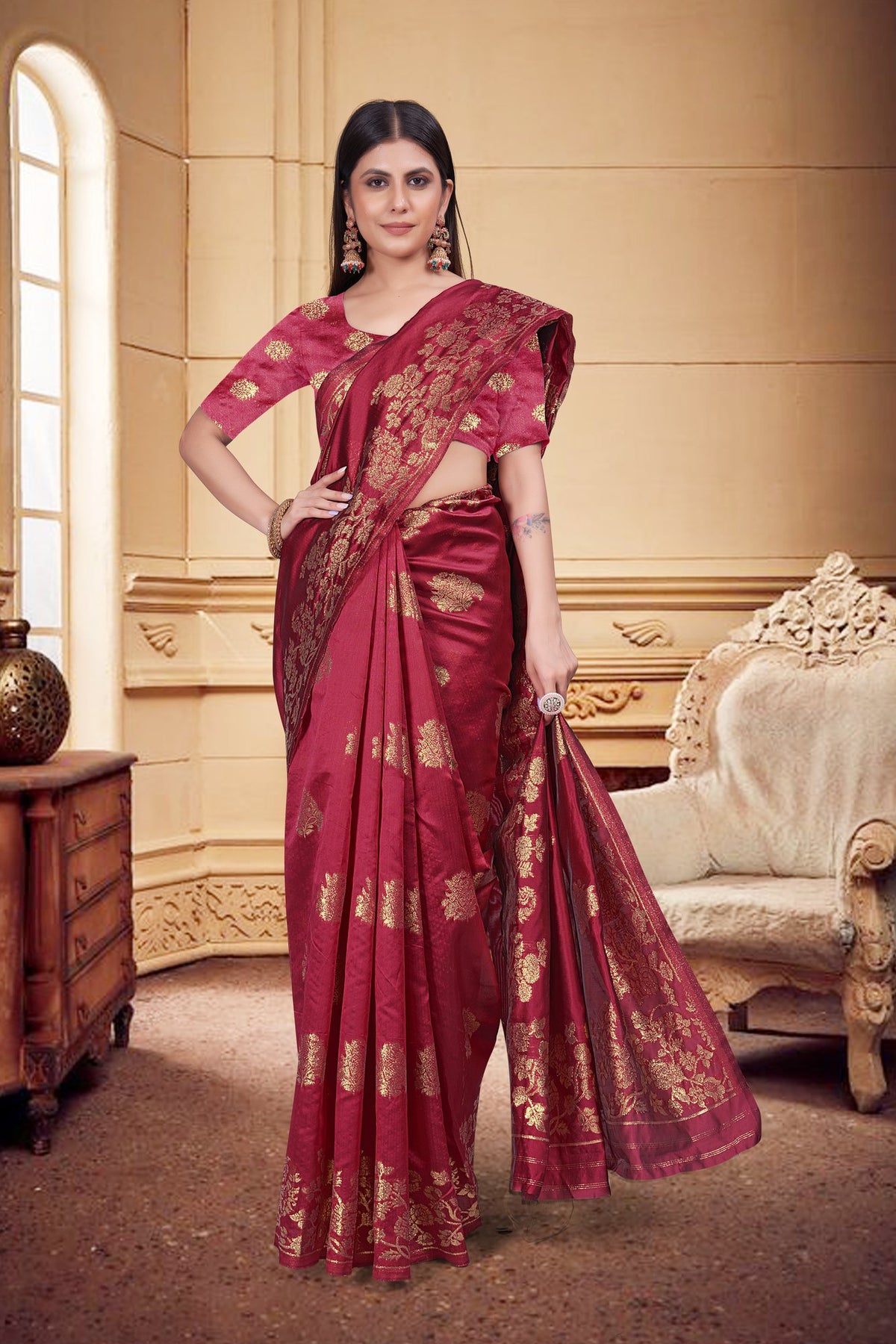 Zari Butti Art Silk Saree – Gajri (Carrot Red)