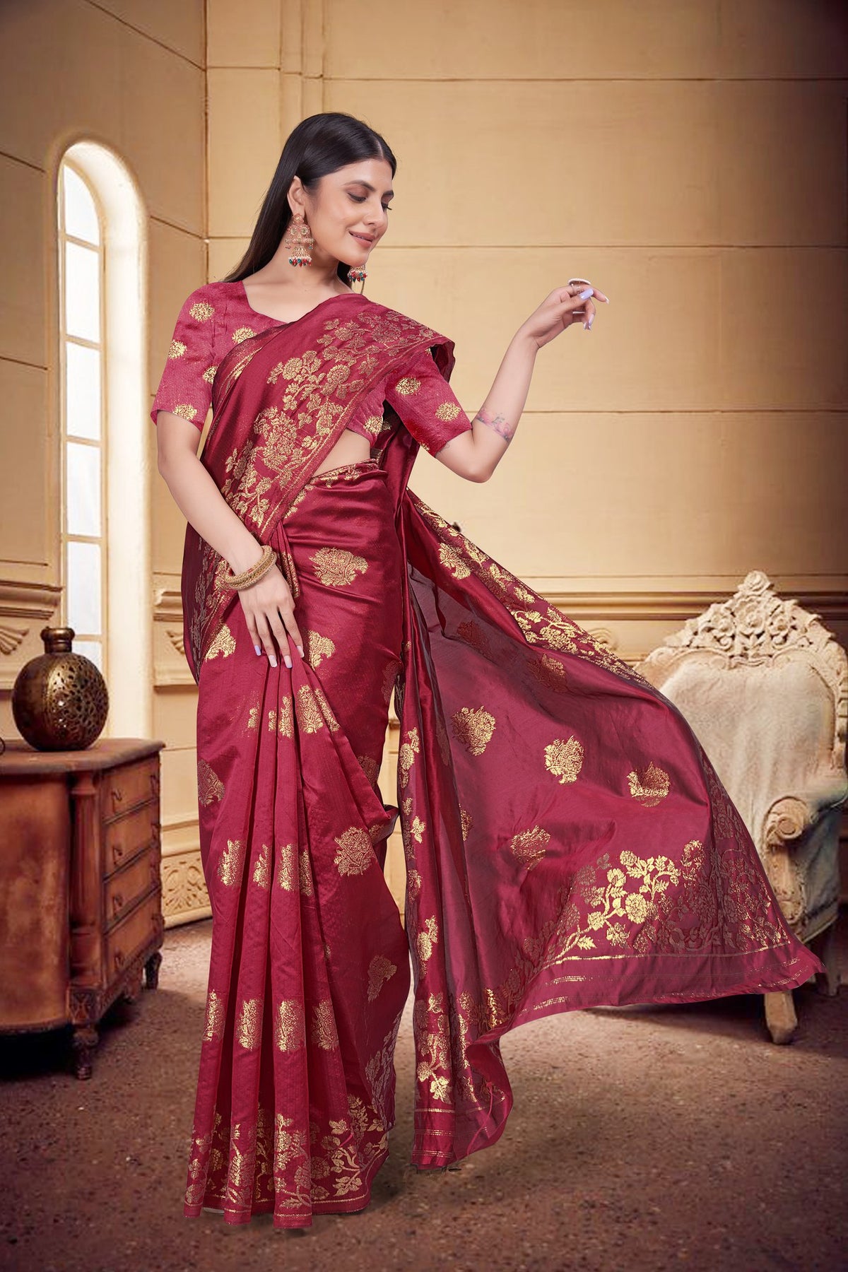 Zari Butti Art Silk Saree – Gajri (Carrot Red)