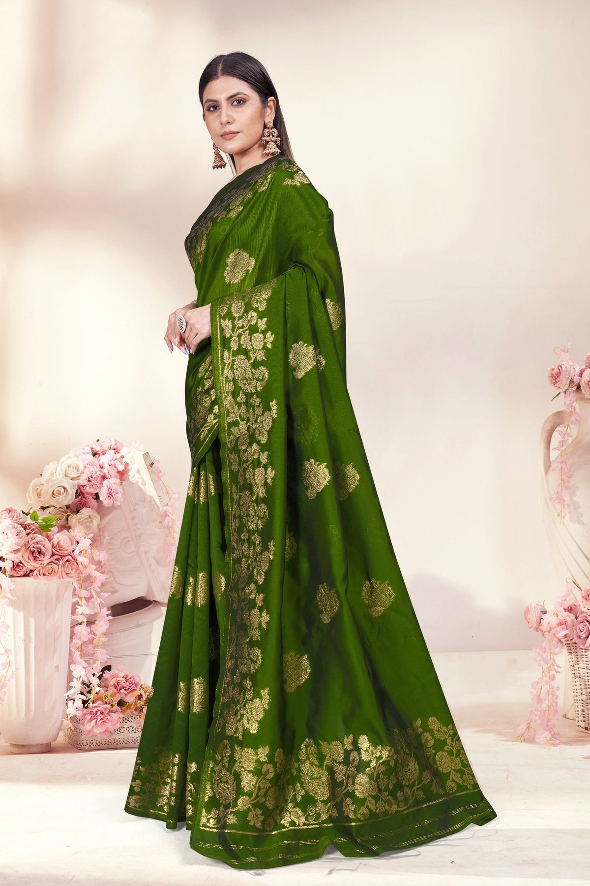 Zari Butti Art Silk Saree – Mehndi