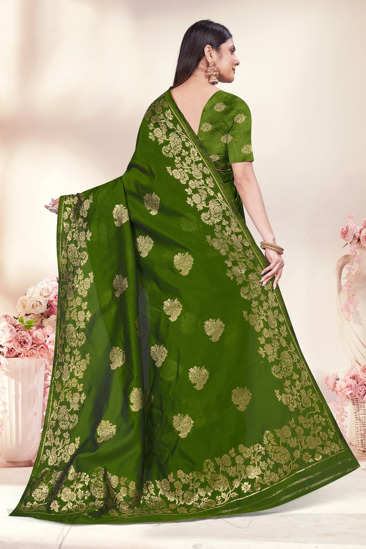Zari Butti Art Silk Saree – Mehndi