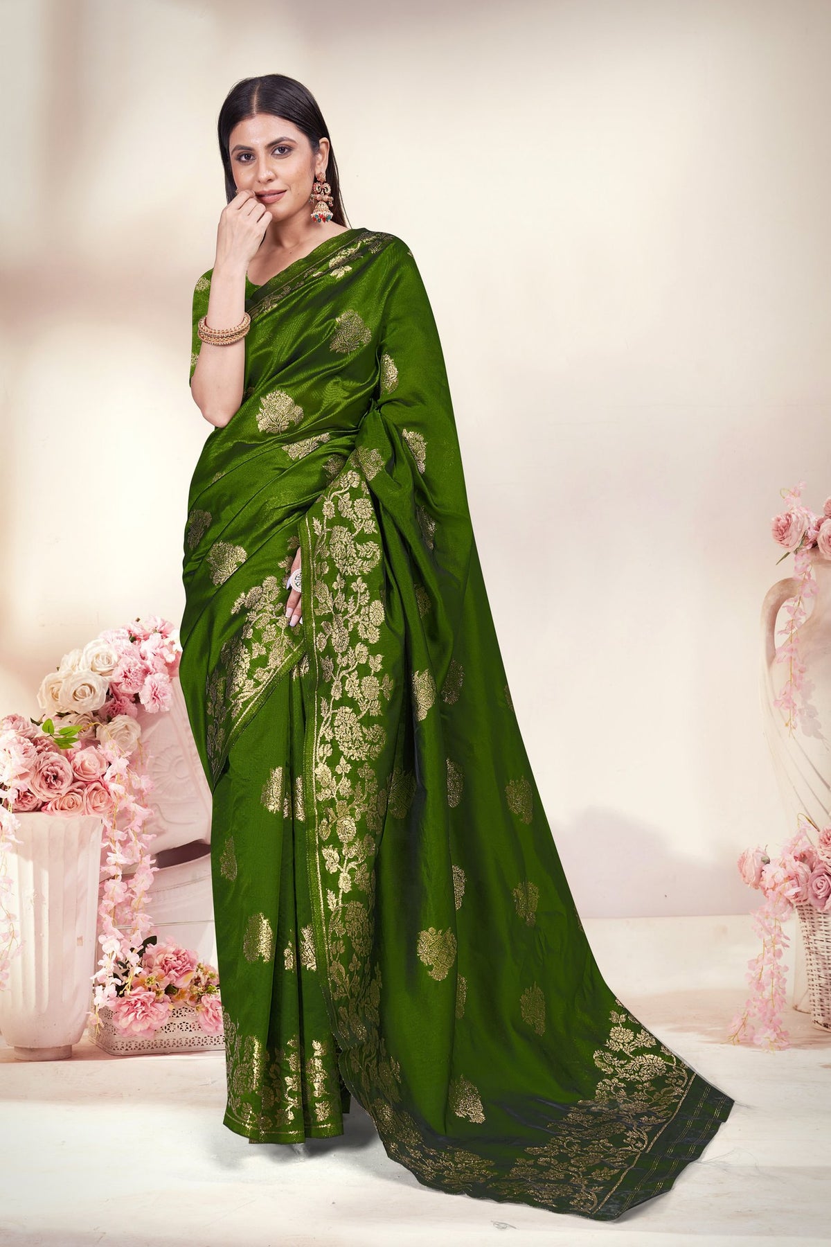 Zari Butti Art Silk Saree – Mehndi