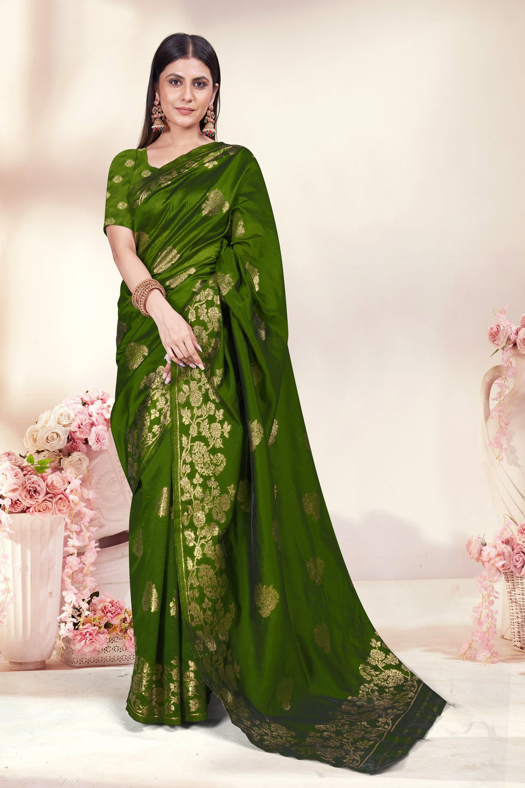 Zari Butti Art Silk Saree – Mehndi